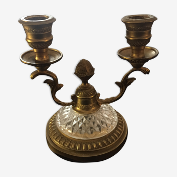 Bougeoir double ancien bronze et verre