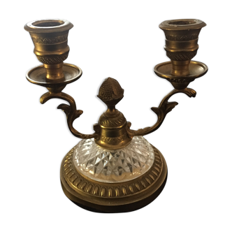 Bougeoir double ancien bronze et verre