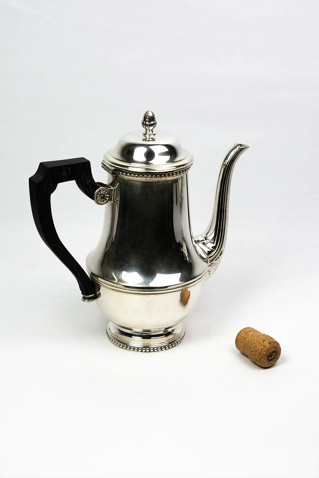Silver-plated metal coffee pot Ercuis — decorated with bead friezes, ebony handle.