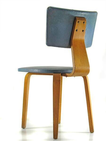 Vintage set of two Cor Alons chairs – bent plywood & blue and cream skai upholstery – 1950s Dutch design
