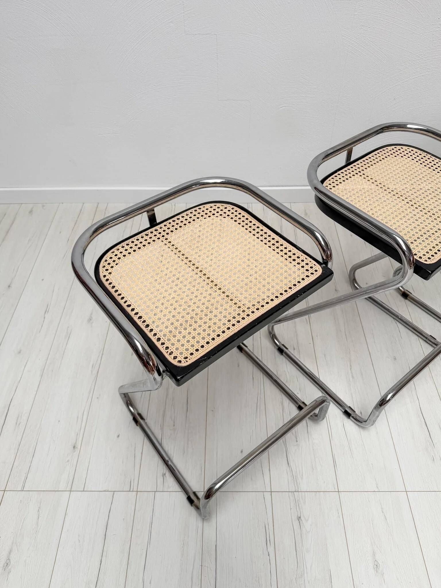 1970s set of 3 vintage Italian wicker & chrome barstools
