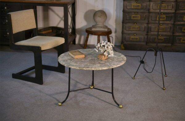 Marble side table with wrought iron base and brass balls in the style of Jean Royère, 1940s