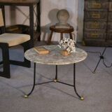 Marble side table with wrought iron base and brass balls in the style of Jean Royère, 1940s
