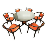 Baumann Diese table and 6 armchairs, Pagnon Pelhaître design, Wenge and red color,