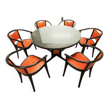 Baumann Diese table and 6 armchairs, Pagnon Pelhaître design, Wenge and red color,