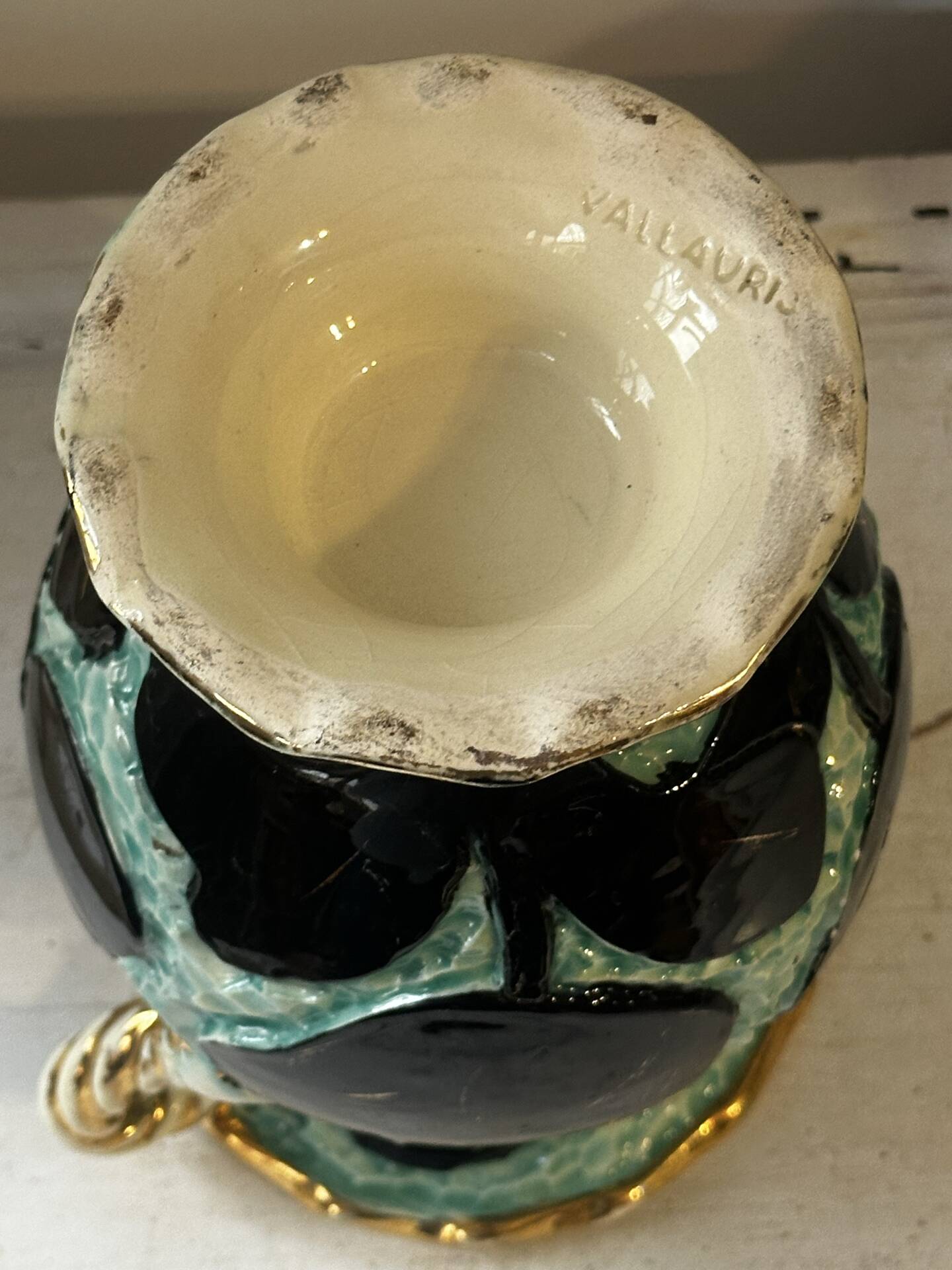 Pair of Vallauris vases in turquoise and black ceramic enhanced with o