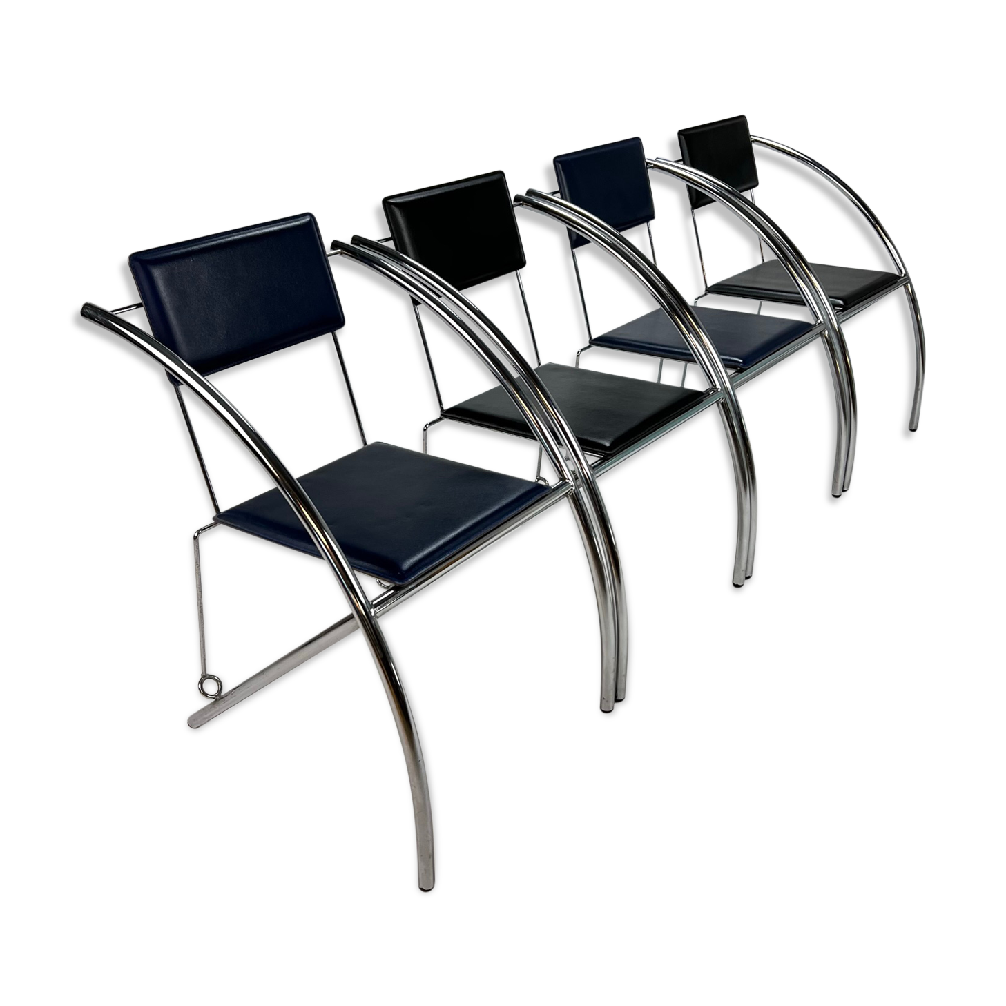 Set of 4 Postmodern Black and Blue and chrome tubular chairs, 1980s
