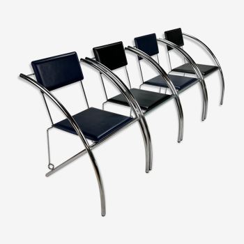Set of 4 Postmodern Black and Blue and chrome tubular chairs, 1980s