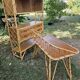 Rattan bamboo display shelf + vintage desk from the 50s-60s-70s.
