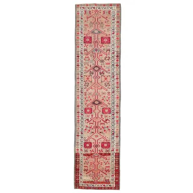 1970s Vintage Turkish Hand-Knotted Wool Cotton Beige Runner Rug 80x348