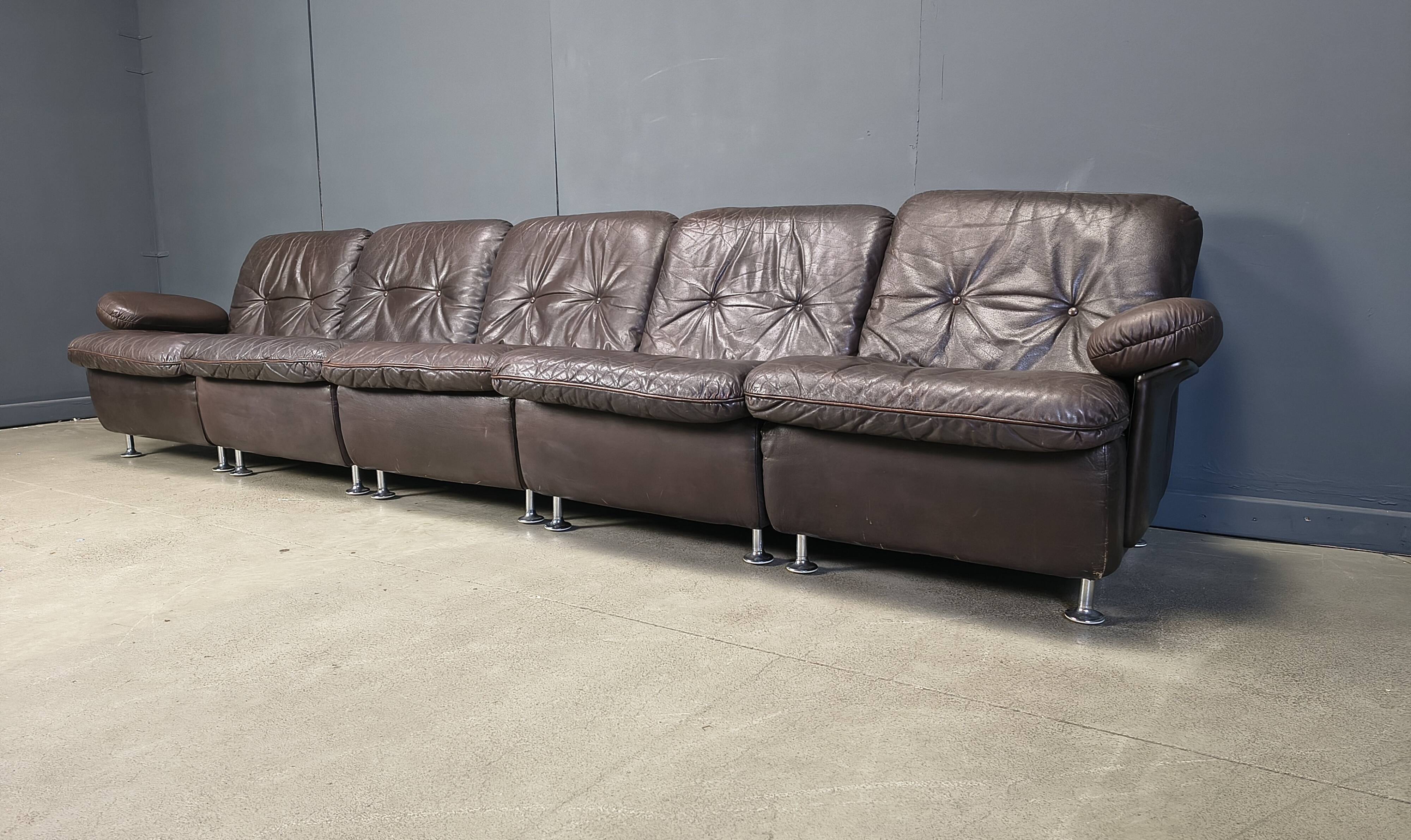 Modular vintage brown leather sofa, 1970s.