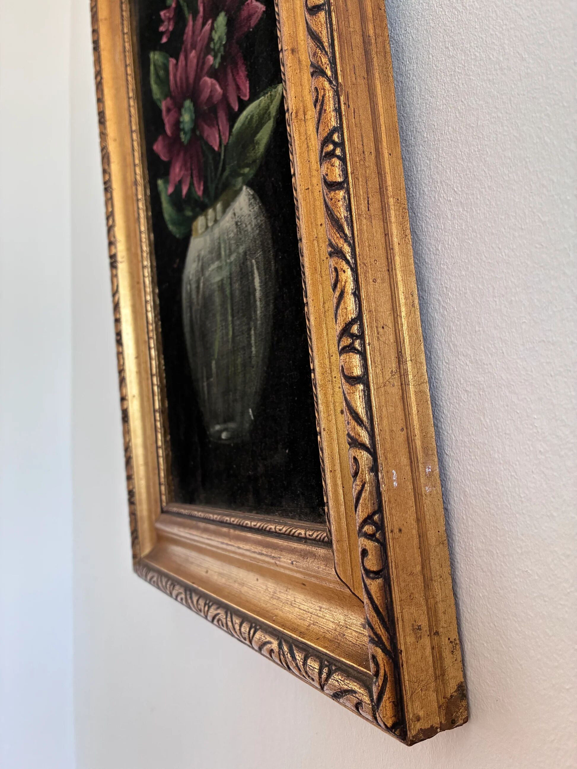 Vintage original velvet flower oil painting, red flower still life art