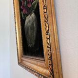 Vintage original velvet flower oil painting, red flower still life art