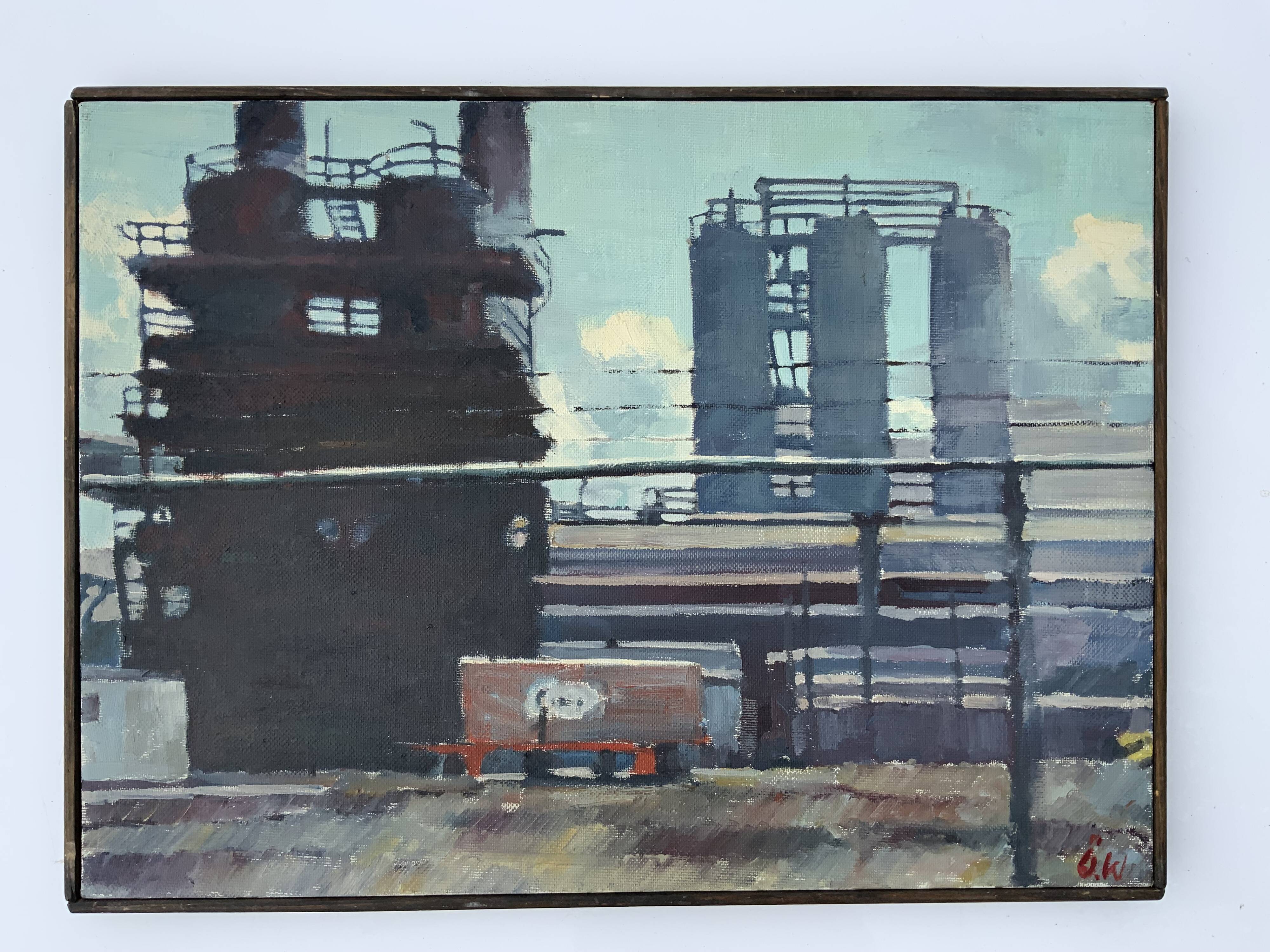 Vintage Oil Painting Industrial Landscape signed ÖRJAN WALLERT (1949)