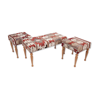 Set Of 3 Turkish Kilim Bench, Kilim Bench Upholstered With Vintage Turkish Kilim Rug, Ottoman Footst