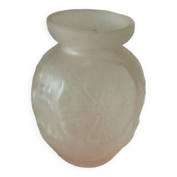 Moulded pressed glass vase with pink floral Art Deco decoration.