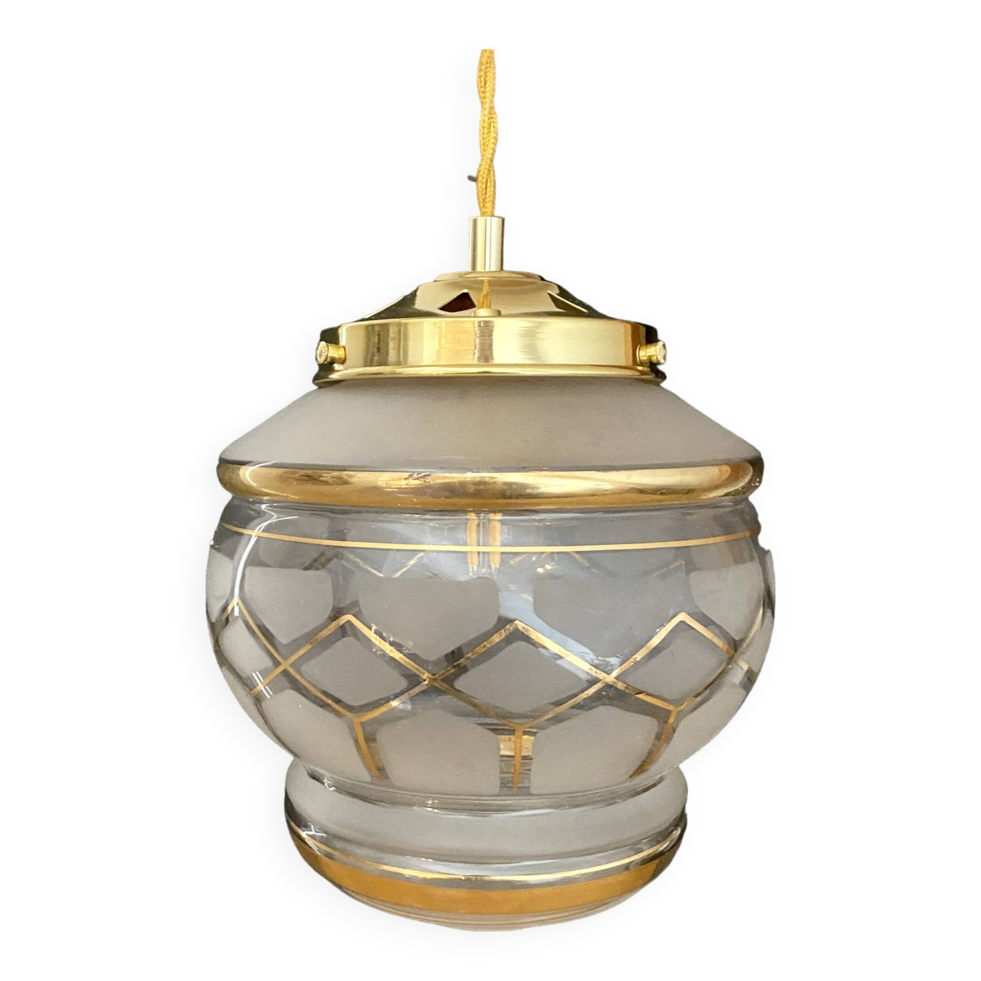 Vintage art deco globe pendant light in white and gold frosted glass