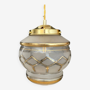 Vintage art deco globe pendant light in white and gold frosted glass