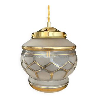 Vintage art deco globe pendant light in white and gold frosted glass