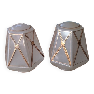 Pair of opalescent and gilded lamp glass