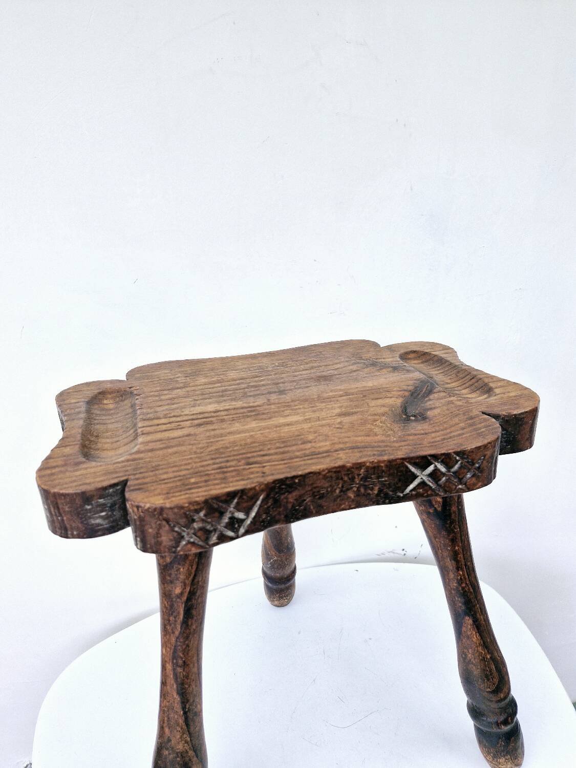 Rare Old Tripod Milking Stool Carved Solid Wood Popular Art