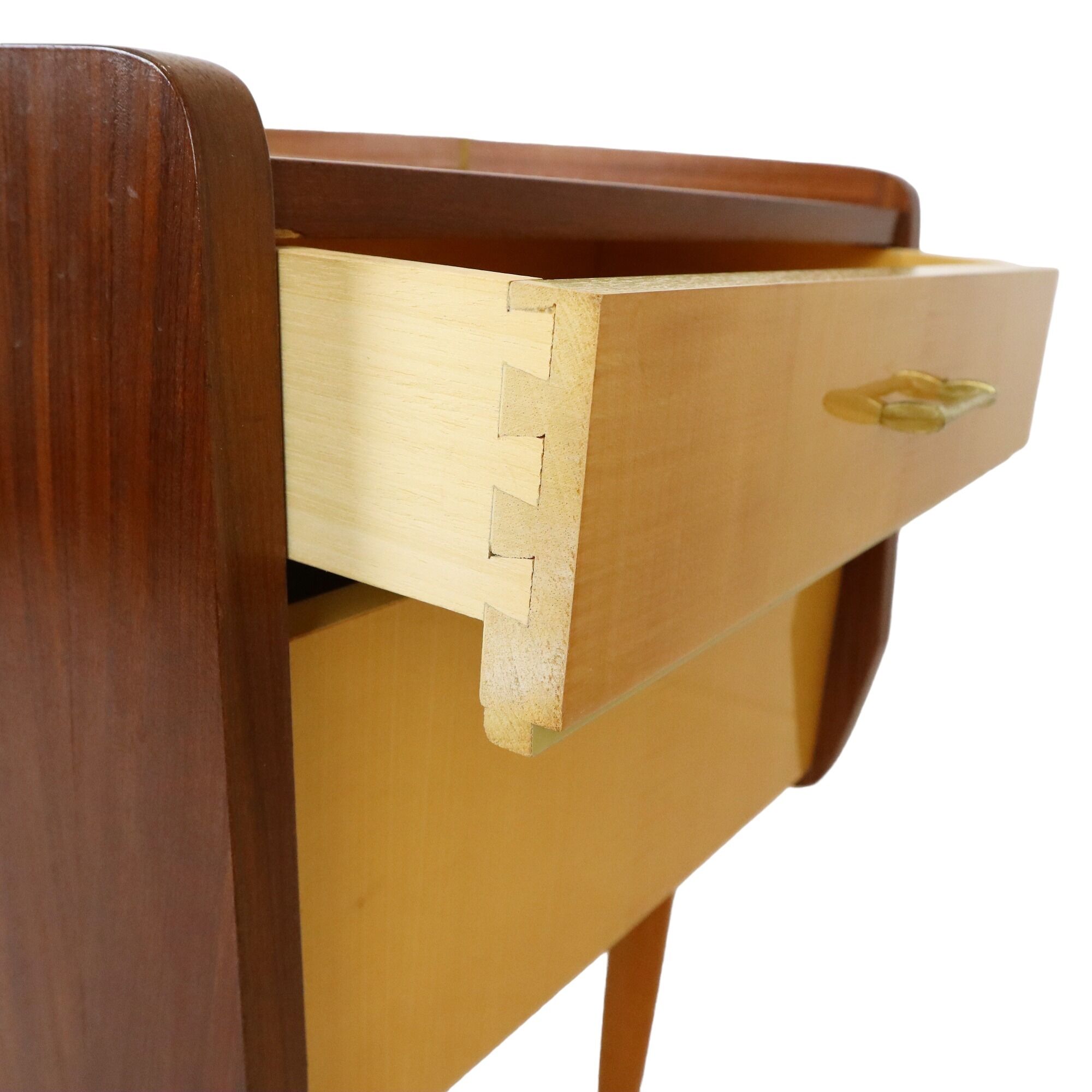 Pair of vintage wooden bedside tables brass handles 60s design