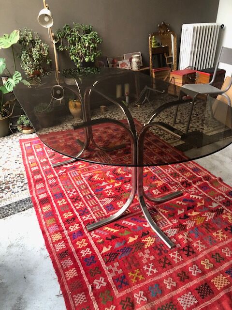 Vintage dining table chrome legs and smoked glass 1970