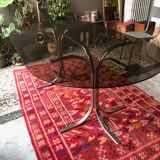 Vintage dining table chrome legs and smoked glass 1970