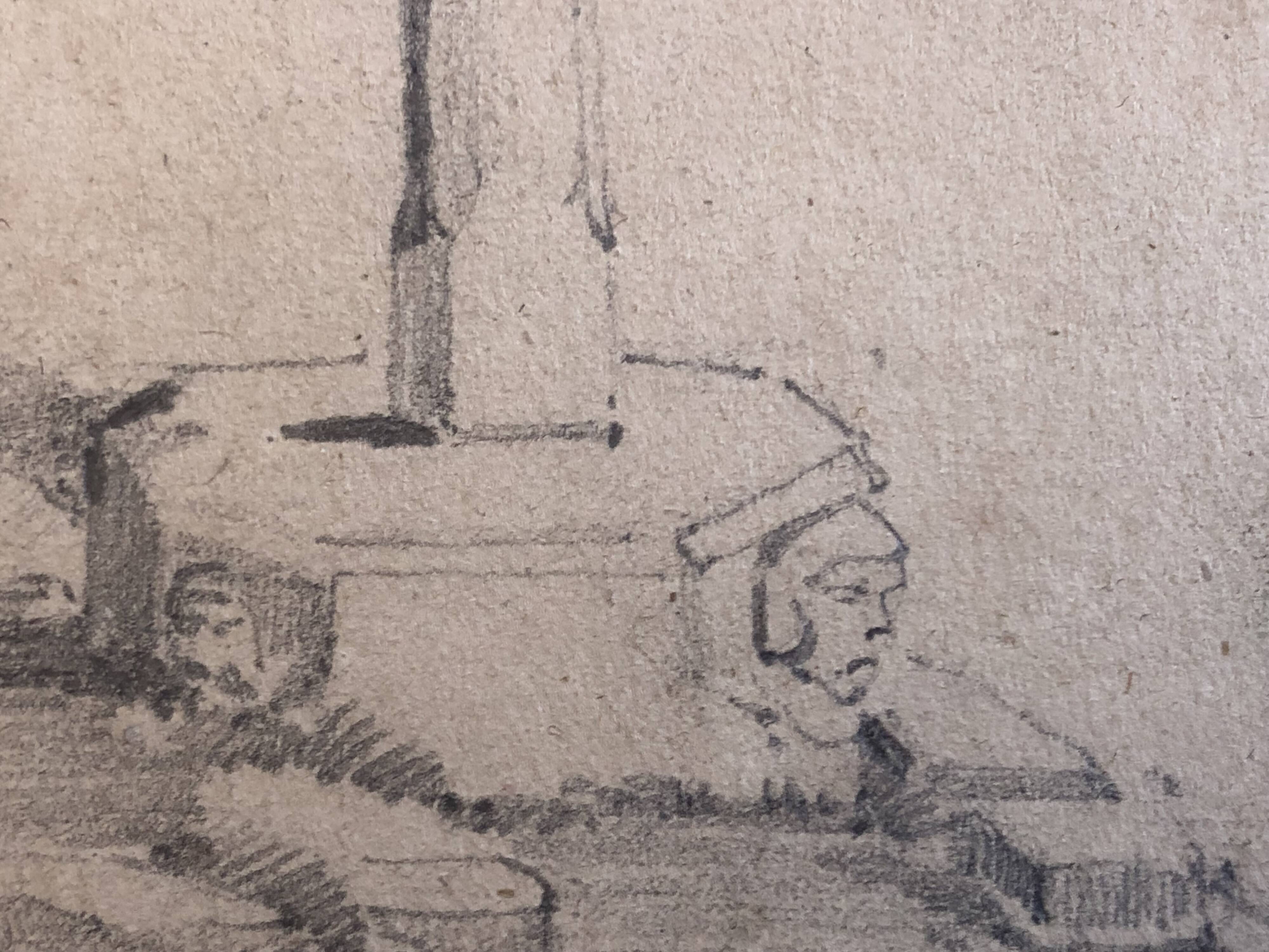 Drawing 1850 pencil croix de st fiacre in auray morbihan brittany 56, signed fm ferdinand moutier