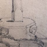 Dessin 1850 crayon croix de st fiacre à auray morbihan bretagne 56, signé f.m. ferdinand moutier