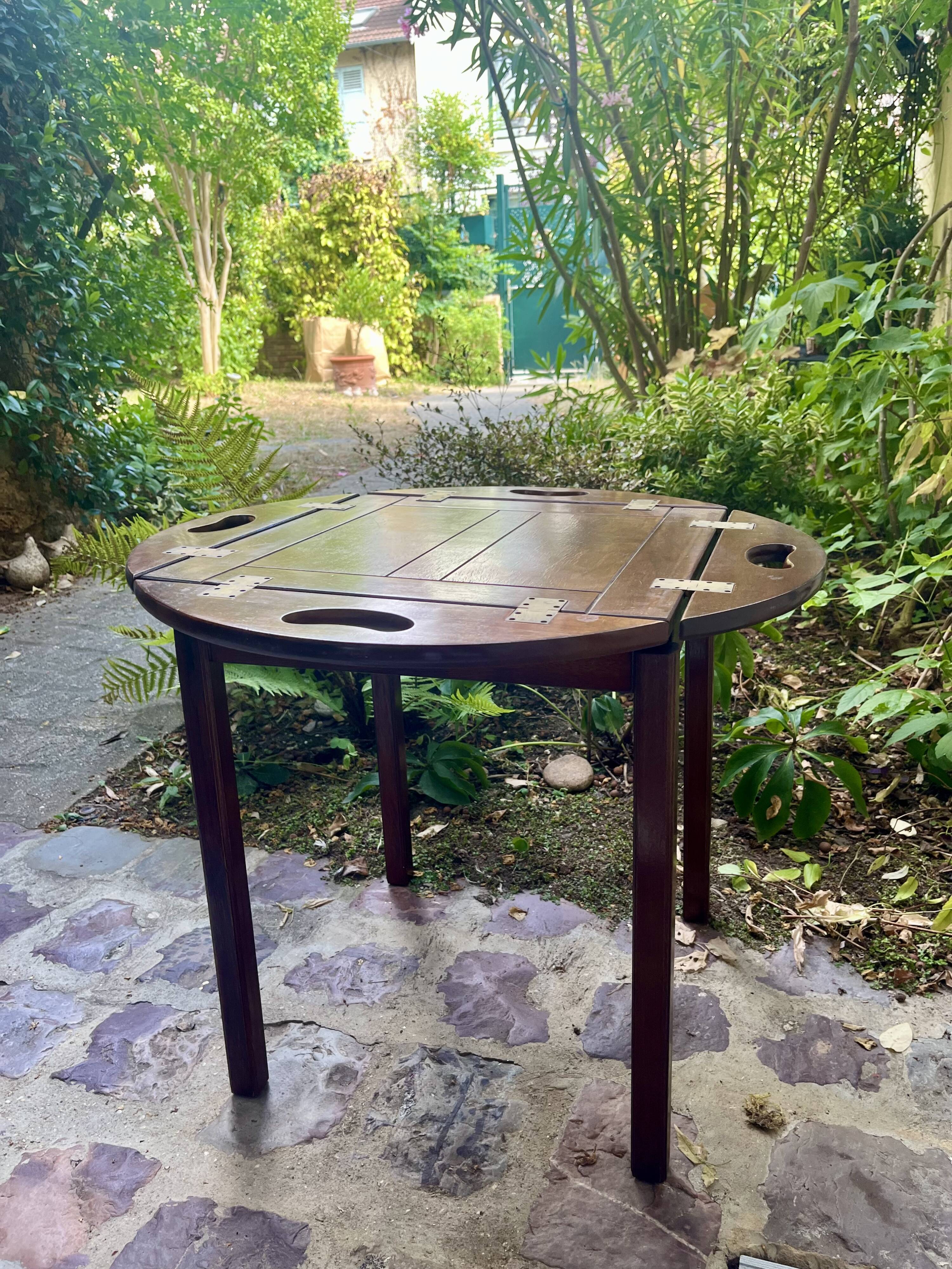 Table basse de bateau vintage pliante en bois et laiton