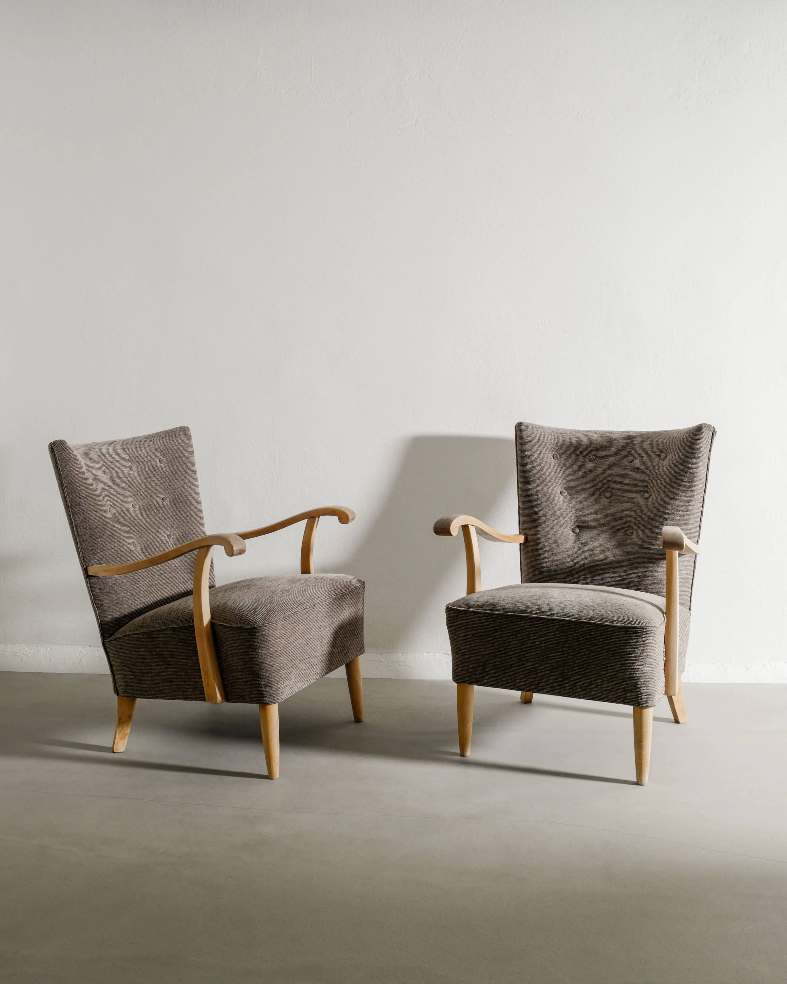 Vintage Swedish Mid Century Modern Wooden Grey Armchairs, 1940s
