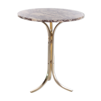 Table d’appoint hollywood regency en laiton avec plateau en marbre, années 1970