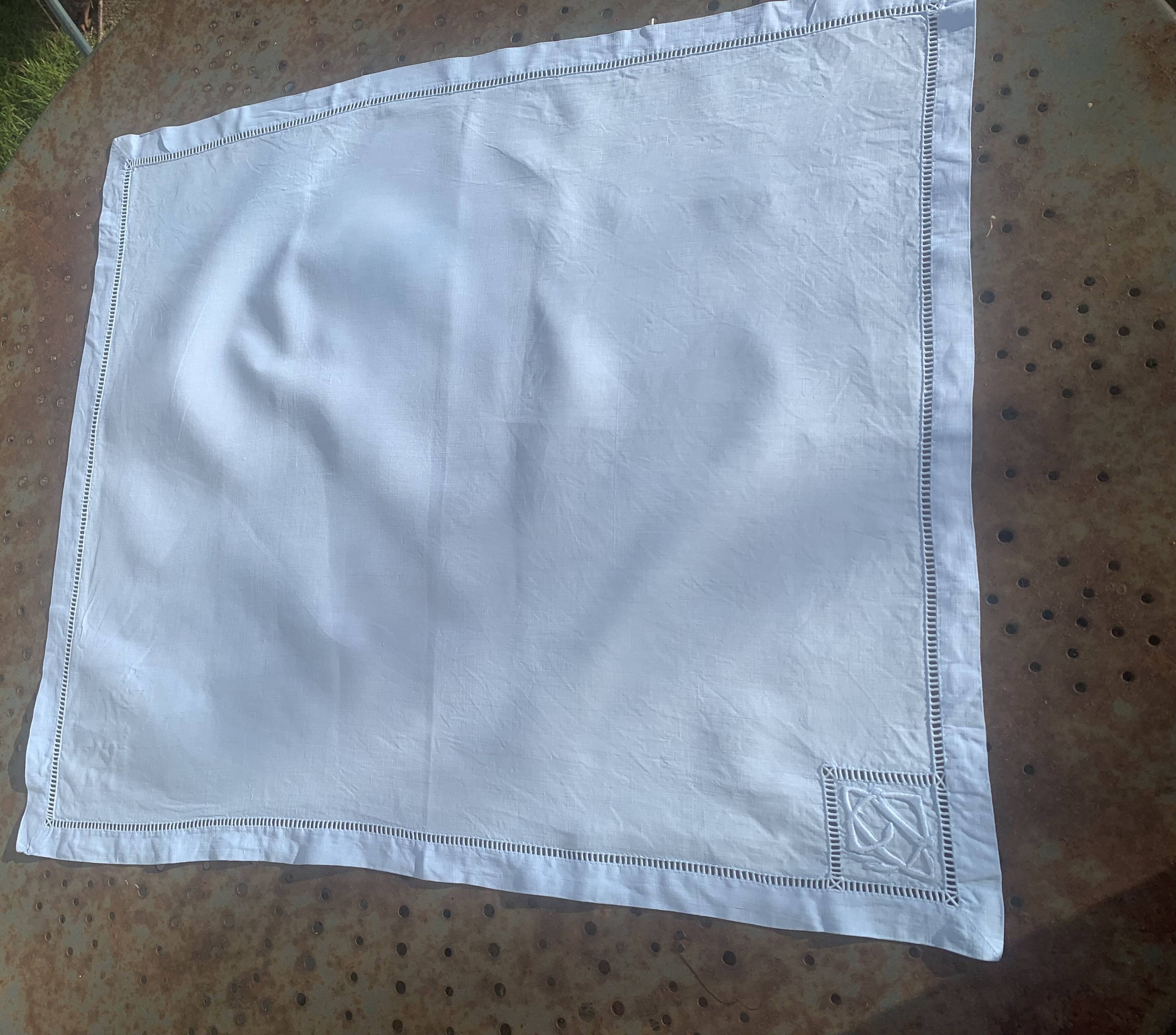 6 cotton and linen napkins, pastel blue, embroidered, OG monograms,