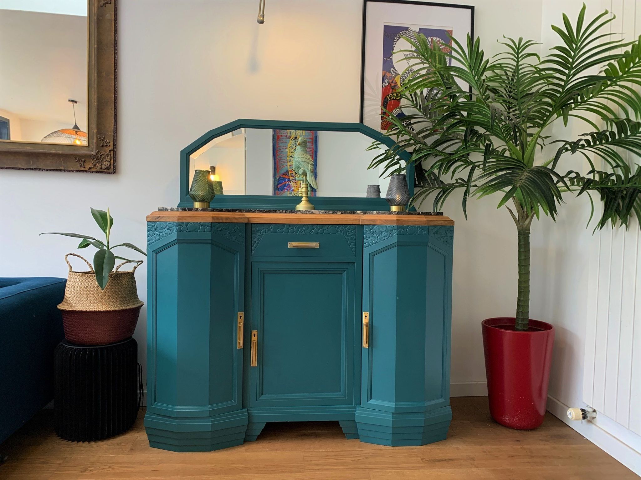 Art deco sideboard restyled blue green duck, marble top, brass handles, vintage shabby chic