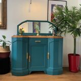 Buffet art deco relooké bleu vert canard, dessus marbre, poignées laiton, vintage shabby chic