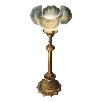 Bronze and marble tulip glass lamp signed vianne 40x17 good condition
