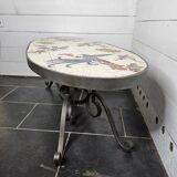 oval coffee table from the 60s, ceramic tray with decoration of flowers and birds