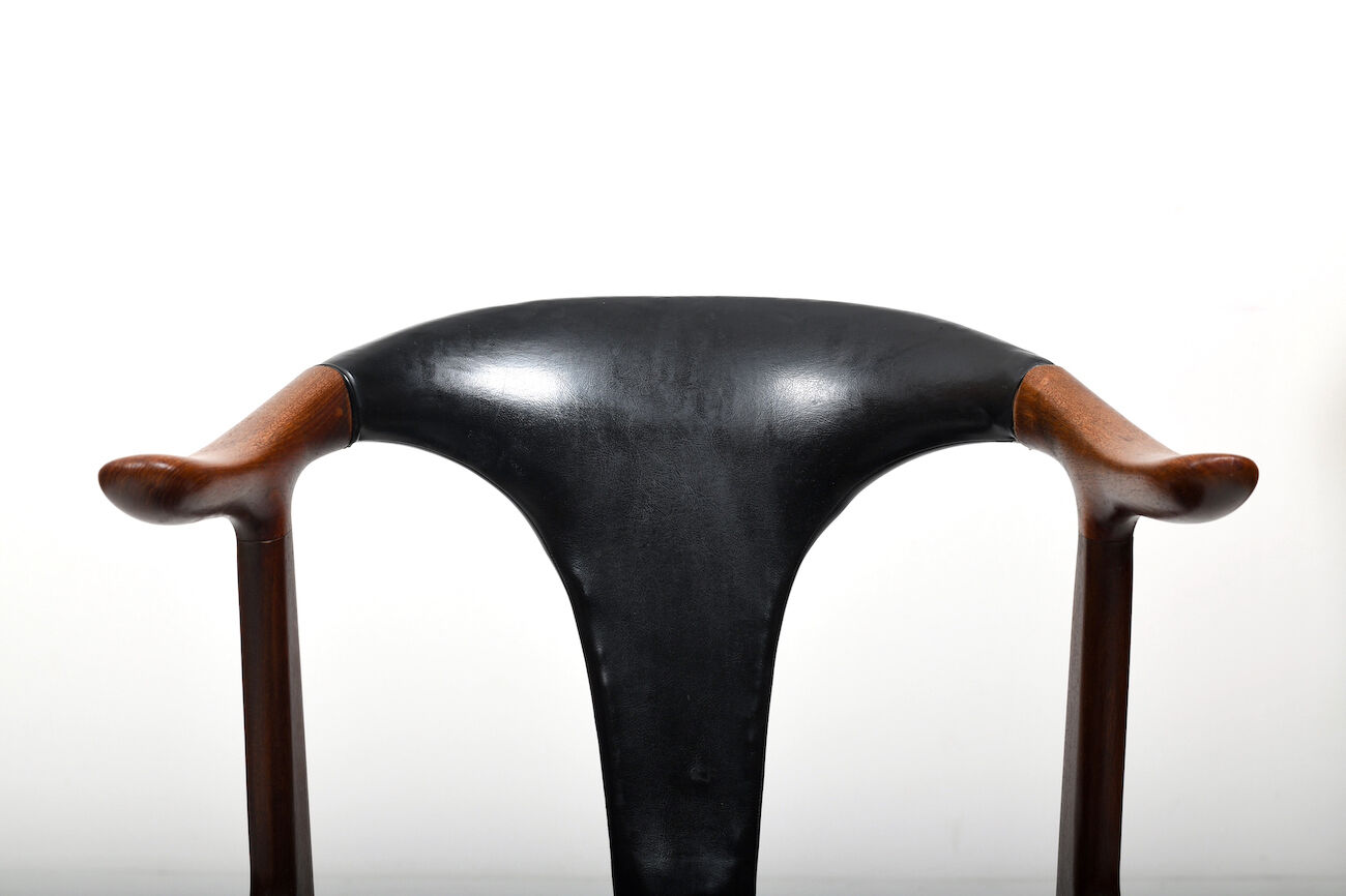 Danish Cow Horn Chair in Teak and Leather by H.P. Hansen