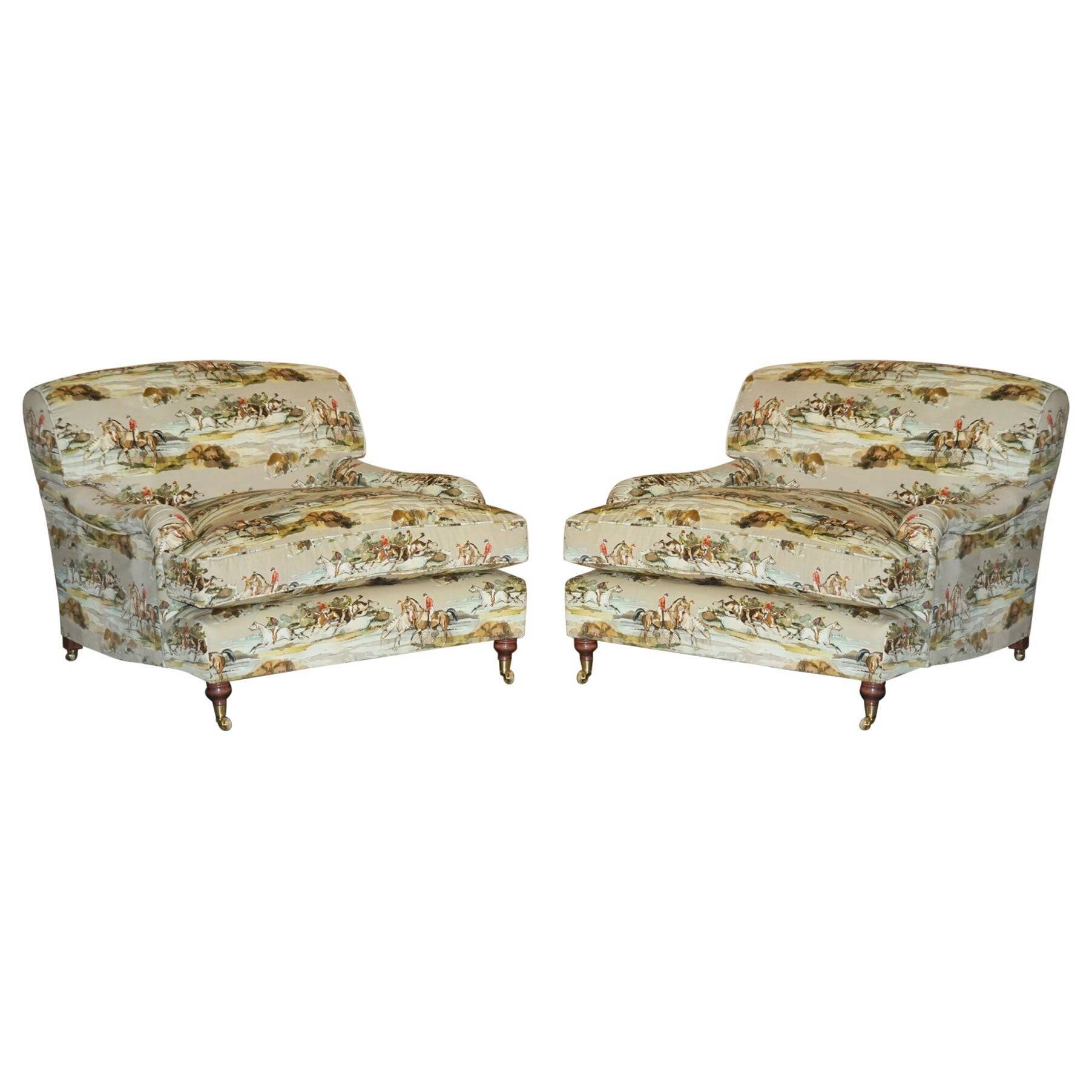 Pair of Custom Love Seat Howard Armchairs Mulberry Morning Gallop Velvet