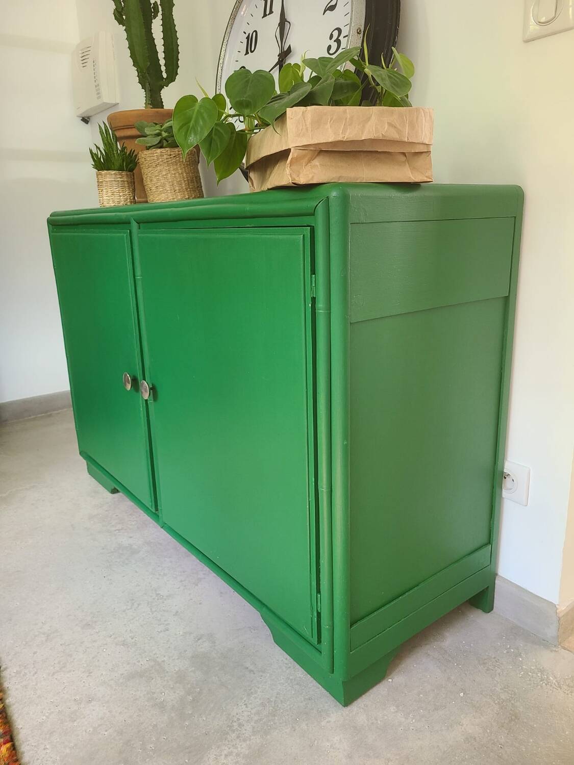 Old sideboard buffet Green wood and bamboo vintage storage unit