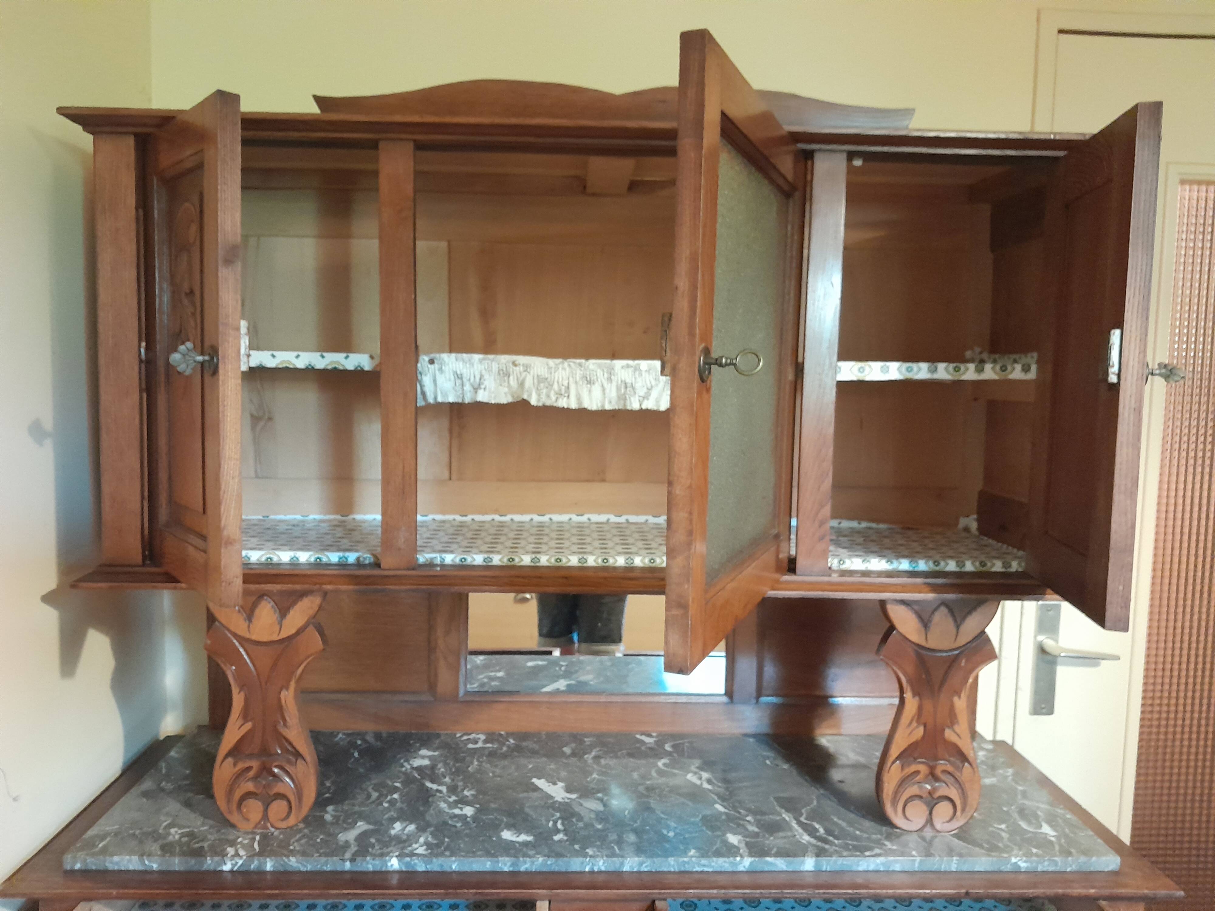 Antique two-body buffet in carved wood - marble top - very good condition