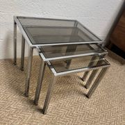 Set of 3 vintage nesting tables – Chrome metal & smoked glass