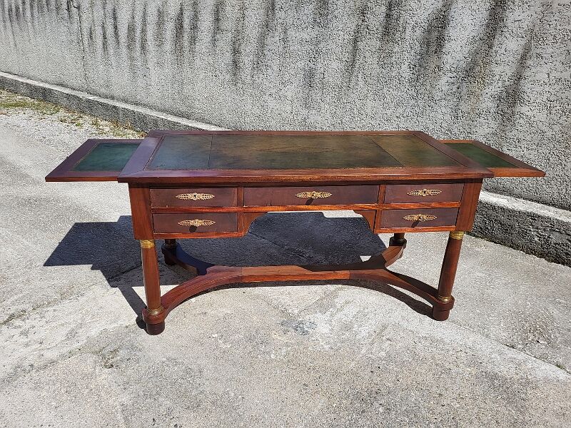 Bureau style empire double face en acajou 5 tiroirs 2 tirettes plateau cuir