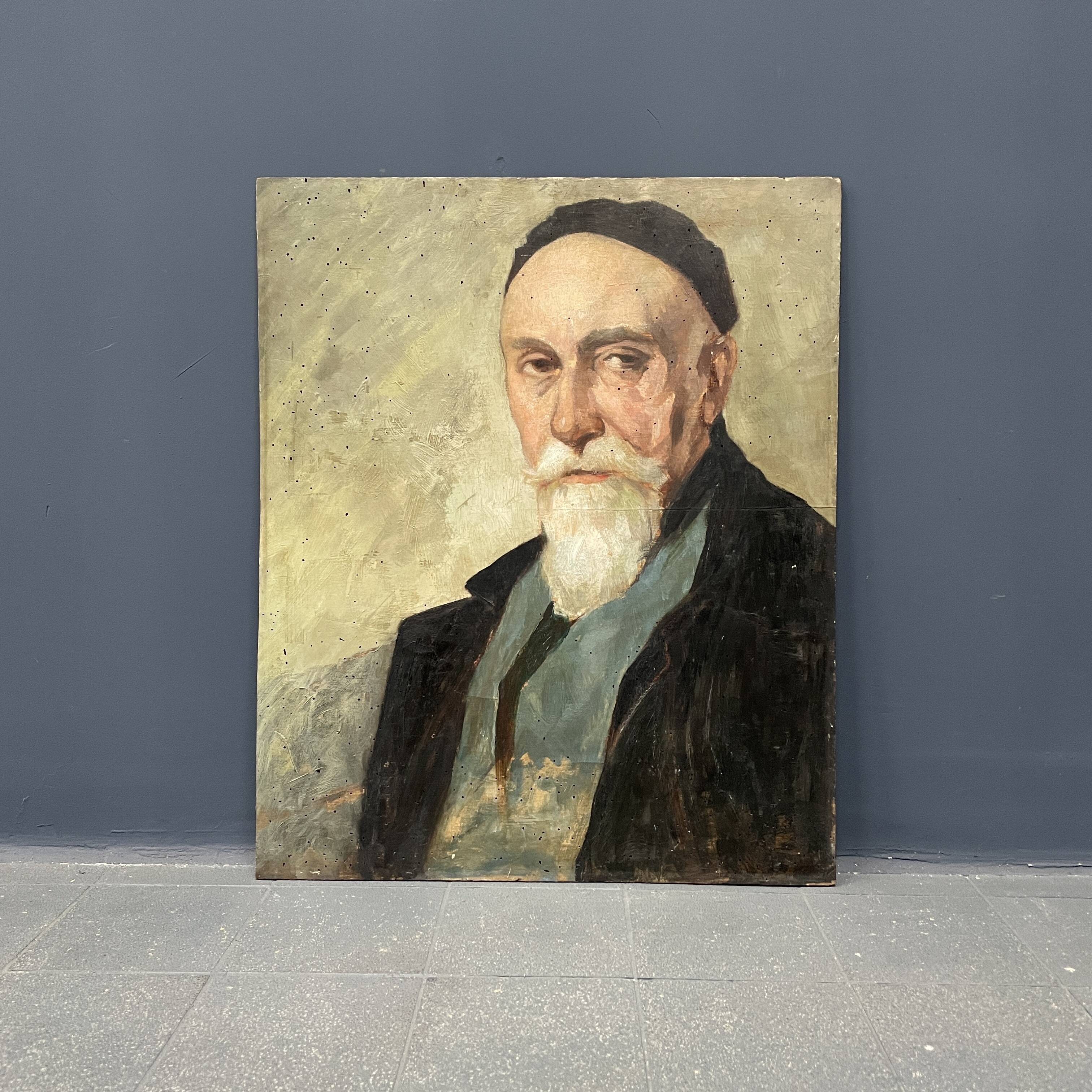Old portrait of man painted on wooden panel
