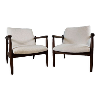 Paire de fauteuils design edmund homa, en hêtre et tissu bouclé, vintage polonais 1960s