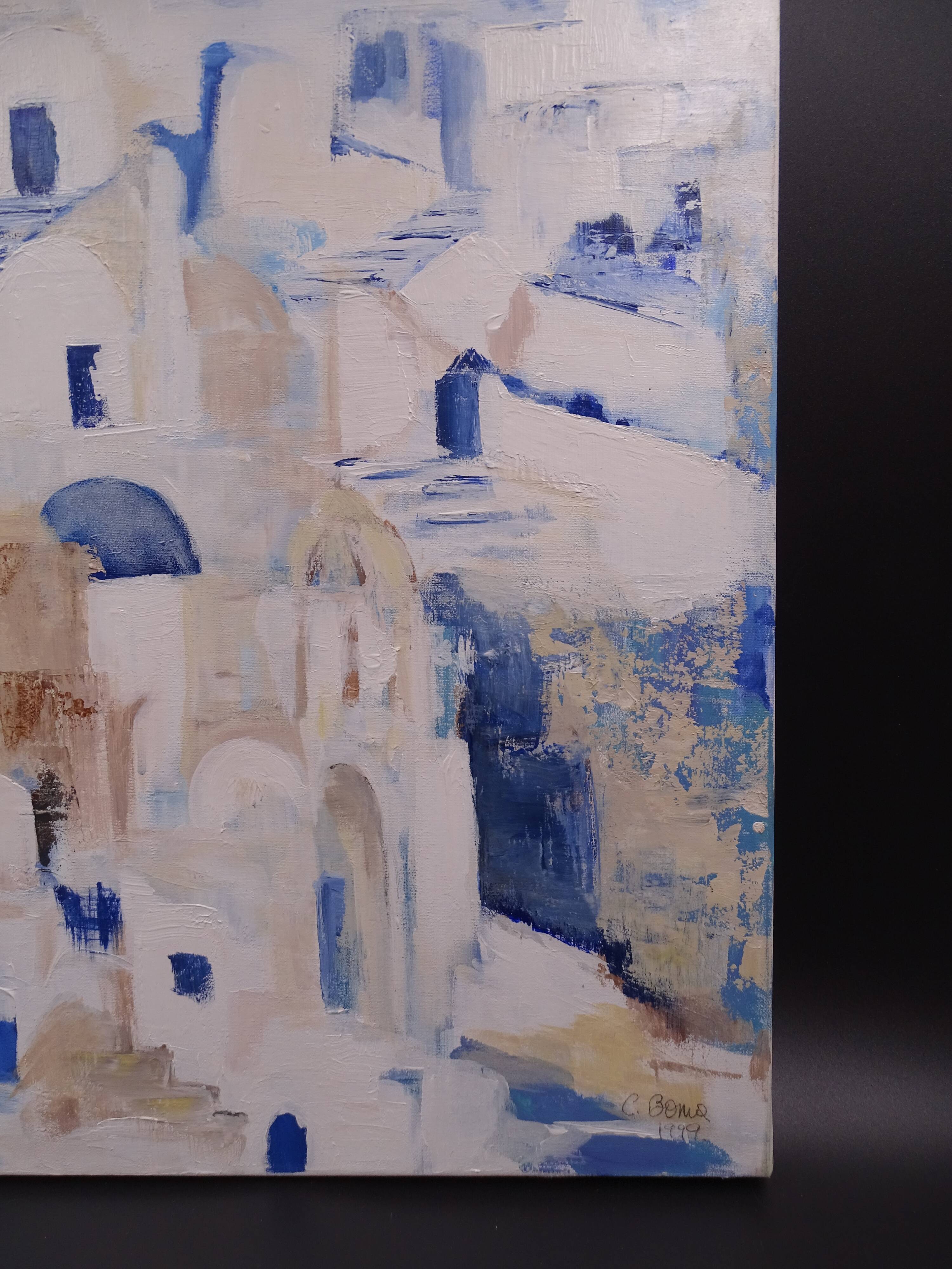 The Greek village - Pastel blue and ochre tones - Signed dated