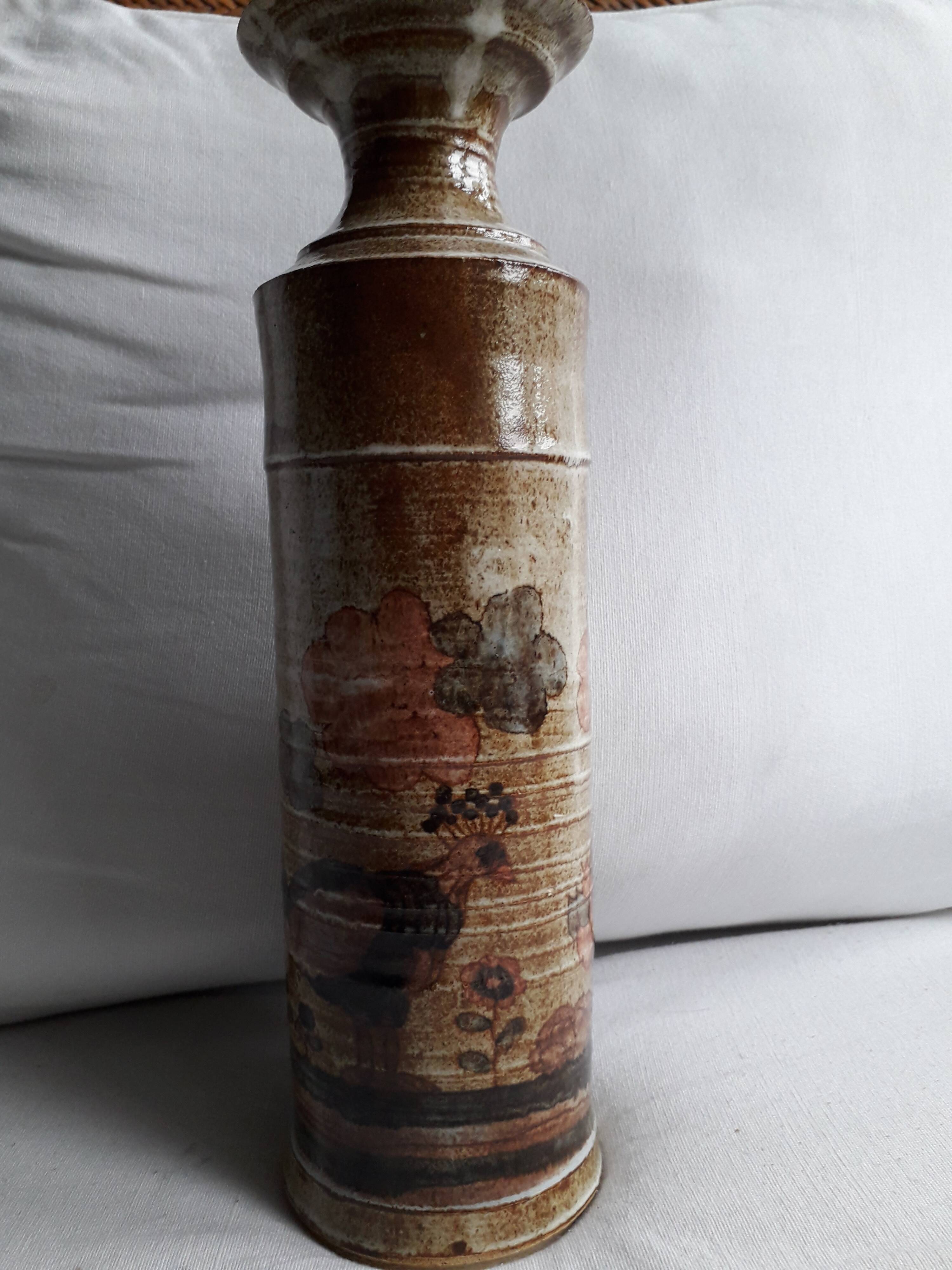 Vintage stoneware vase with naive decoration