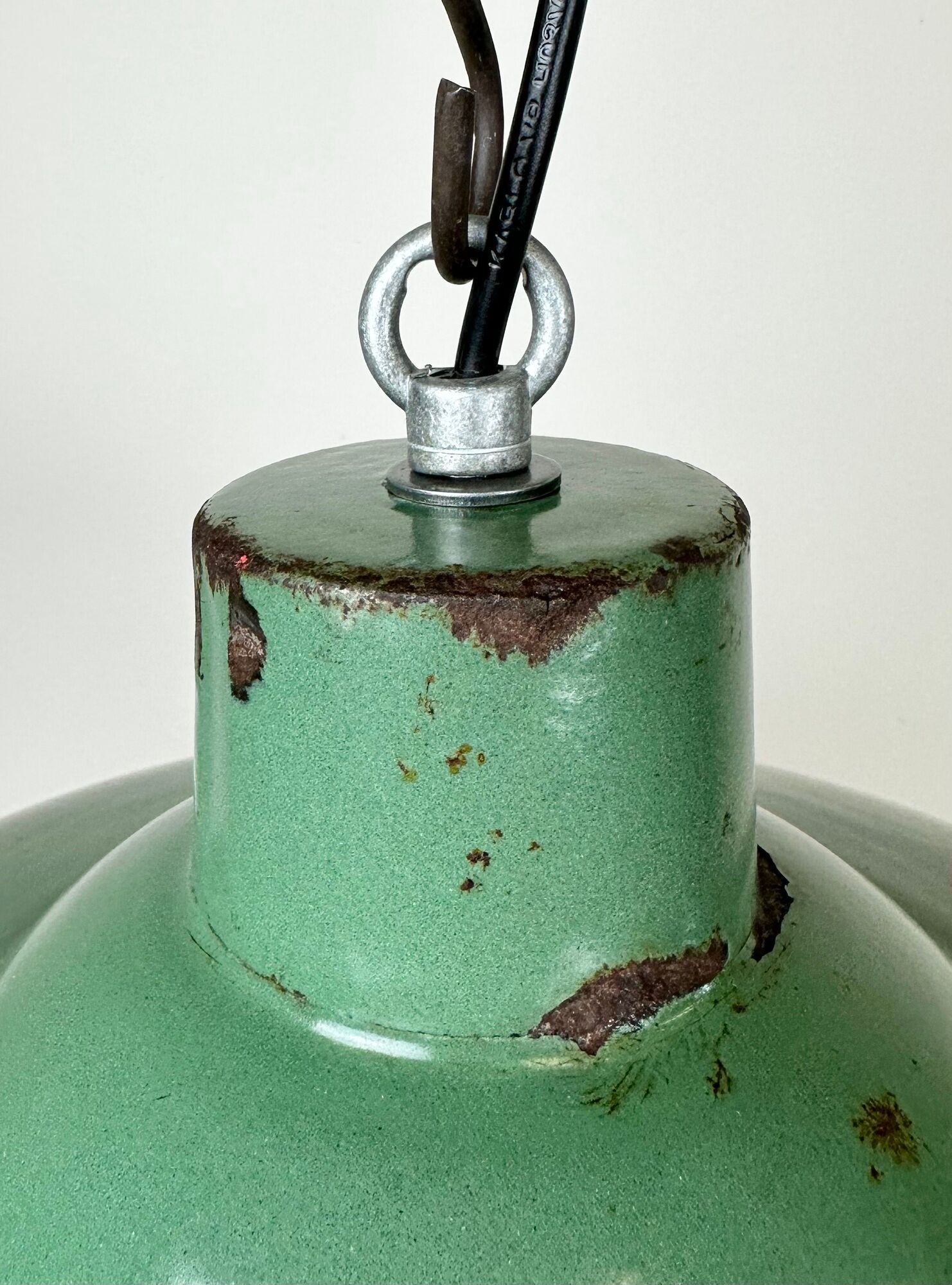 Industrial french green enamel factory lamp, 1960s