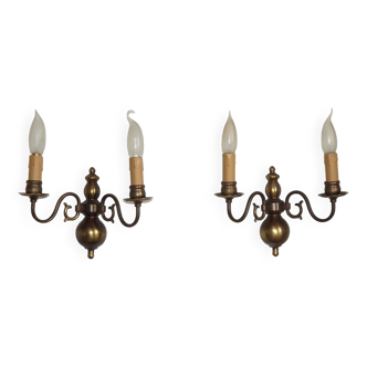 Pair French Vintage Brass Flemsh Style Double Wall Lights With Aged Finish 4747